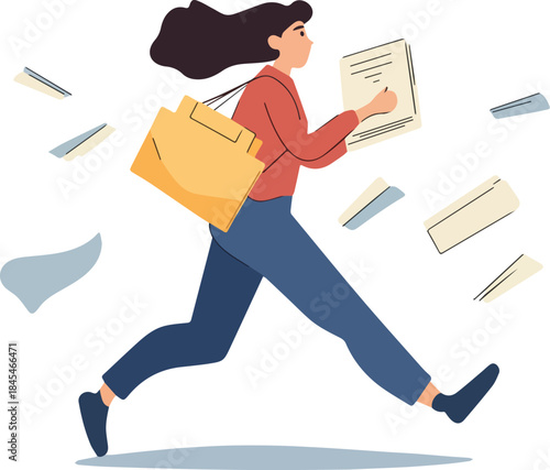 Woman running late carrying documents and bag with papers flying around busy deadline concept