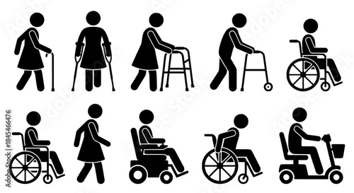 Silhouette Vector Scene of People Using Mobility Aids: Wheelchairs, Walkers, and Crutches
