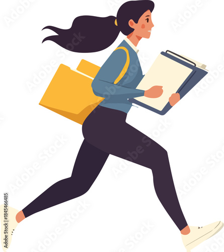 Busy business woman running fast with clipboard and yellow document bag deadline concept isolated on white background