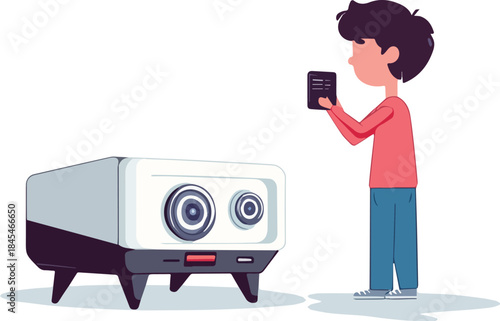 Man controlling robot security camera with smartphone smart home device setup or remote monitoring concept illustration