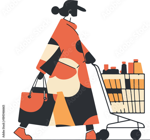 Stylish woman pushing full grocery cart with shopping bags modern flat illustration for consumerism and retail concepts