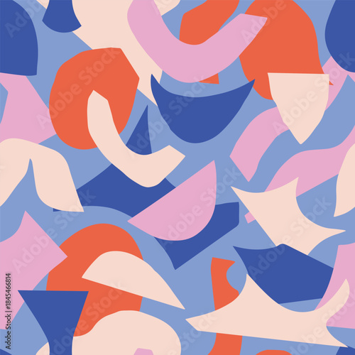 Bold abstract seamless pattern with hand-drawn organic shapes in vibrant color palette. Playful modern collage style design perfect for textiles, wallpaper, stationery, and creative backgrou
