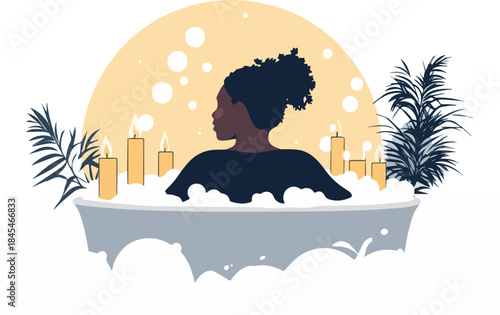 Black woman relaxing in bubble bath with lit candles and tropical palm leaves for self care spa relaxation concept