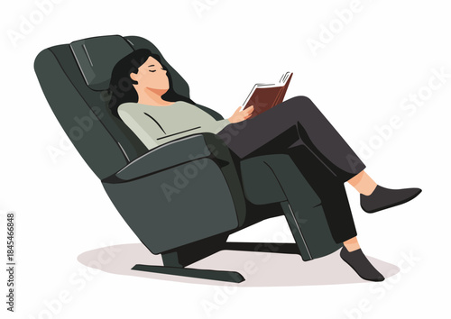 Woman relaxing reading book in comfortable recliner chair illustration for quiet downtime and leisure time activity