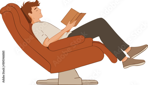 Relaxed young man reading a book while reclining in a comfortable brown armchair illustration for leisure time and education concepts
