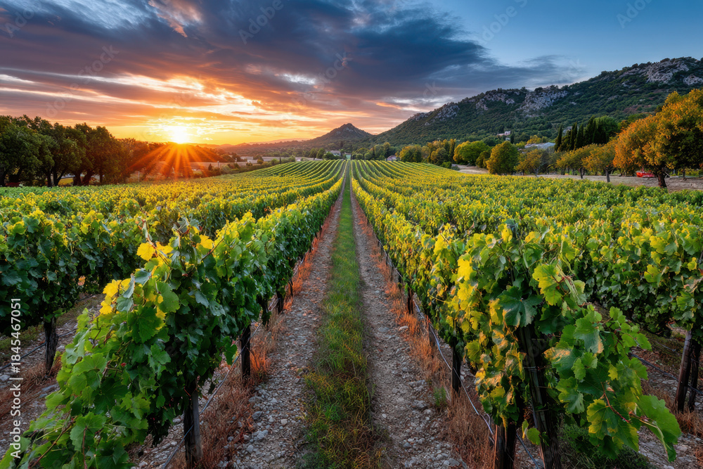 Fototapeta premium Vineyard Sunset over Rolling Hills and Mountains