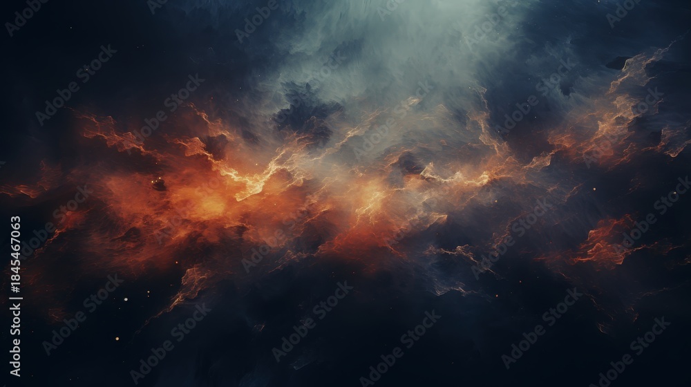 Fototapeta premium A mesmerizing cosmic landscape featuring swirling clouds of orange and blue hues, representing the beauty of the universe.