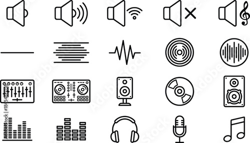 Audio and sound icons set including speaker, waveform, equalizer and music symbols, clean line vector collection for media, music and interface design