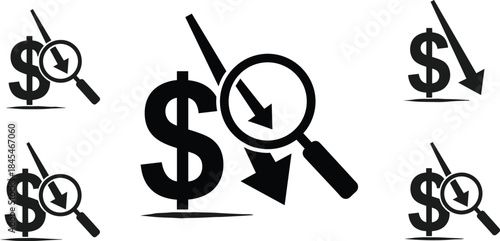 Declining financial value icon set, dollar symbol with downward arrow and magnifying glass, economic downturn and price drop concept graphic
