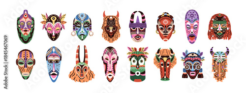 African tribal face masks set. Ethnic culture, traditional heads. Ritual spiritual zulu tribe avatars with patterns and ornaments. Flat vector illustrations isolated on white background.