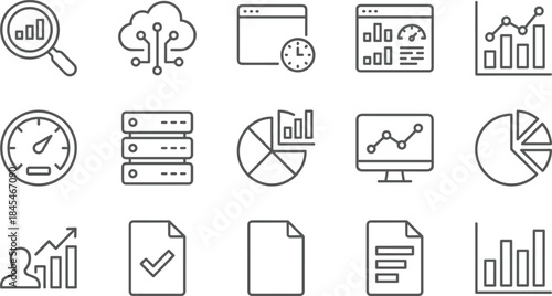 Business analytics and data visualization outline icons set with charts, dashboards, reports, performance metrics and statistics symbols
