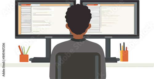 African American software developer working from home with dual monitors coding programming interface design illustration