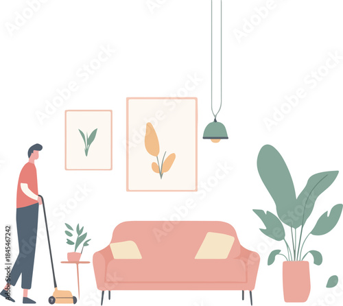 Man vacuuming clean living room interior with pink sofa artwork and green house plants flat illustration