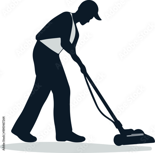 Silhouette of cleaner man vacuuming floor with upright carpet cleaner icon for housekeeping and janitorial services isolated on white background