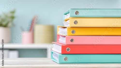 Stack of colorful binders on a table. The binders are arranged in a rainbow order, with the top one being the brightest. The scene suggests a sense of organization and order