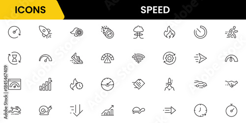 Speed and performance icon set. Containing fast, productivity, indicator, turbo, speeding and speedometer icons. Thin line icon collection. Vector illustration.