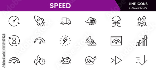Speed and performance icon set. Containing fast, productivity, indicator, turbo, speeding and speedometer icons. Thin line icon collection. Vector illustration.