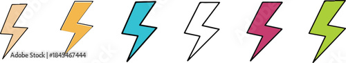 Set of six doodle style lightning bolt icons in various colors beige orange cyan white magenta and lime green vector graphic