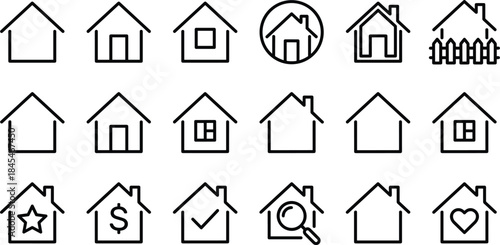 Home and house outline icons set with property, real estate, search, security and finance symbols, clean minimal vector collection
