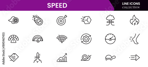 Speed and performance icon set. Containing fast, productivity, indicator, turbo, speeding and speedometer icons. Thin line icon collection. Vector illustration.