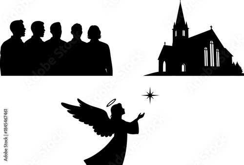 Silhouette collection featuring an angel with a star a group of men and a traditional church building perfect for religious themes