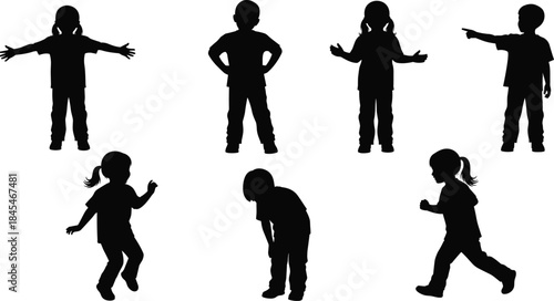 Expressive child silhouette icon set, black figures in varied poses and gestures, body language and youth behavior concept graphic