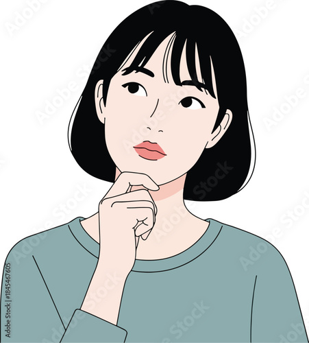 Thoughtful young woman with short black hair pondering a question with chin resting on hand illustration isolated on white background