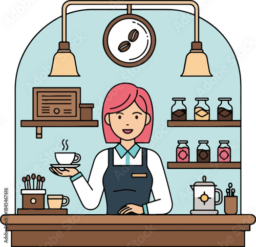 Smiling female barista in apron serving hot coffee cup in cartoon coffee shop setting with coffee bean clock and ingredients