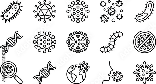 Microorganism and virus outline icons set showing bacteria, DNA and infection symbols, clean vector collection for medical, biology and healthcare design