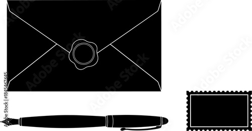 Black and white silhouette icons representing classic correspondence elements like a sealed envelope a fountain pen and a postage stamp