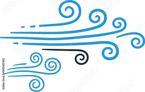 Stylized blue and black wind gust swirl icon simple weather illustration for air flow concept isolated on white background