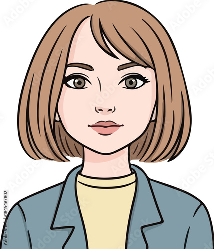 Cartoon vector portrait of young businesswoman with short brown hair wearing a blue blazer isolated on white background for avatar design