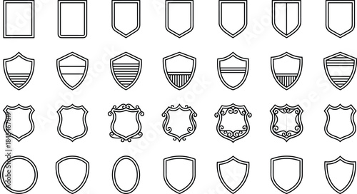 Shield and badge outline frames set, heraldic emblems, vintage and modern crest shapes, clean line vector collection