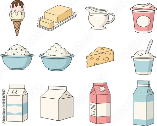 Dairy products collection cartoon illustration with ice cream butter milk cottage cheese yogurt swiss cheese creamer milk carton icons for food concept