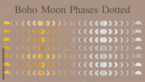 Boho Moon Phases Vector Set, Gold,Silver, Dotted