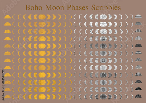 Boho Moon Phases Vector Set, Scribble,Gold,Silver,