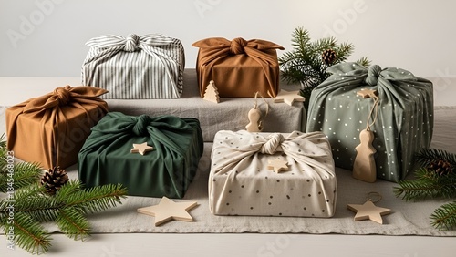 Eco-Friendly Fabric Wrapped Christmas Gifts with Natural Decorations