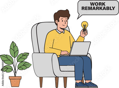 Man working remotely on laptop holding a lightbulb idea symbol while sitting in armchair with houseplant inspiring innovation