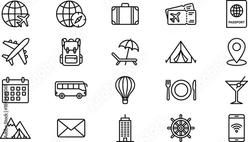 Travel and tourism outline icons set including airplane, passport, luggage, hotel and destination symbols, clean vector collection for travel apps and web design