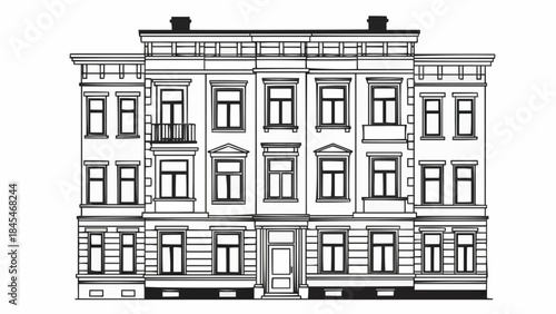 Detailed Architectural Drawing of a Classic European Apartment Building Facade.