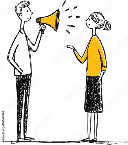 Man with Megaphone Announcing to Woman Doodle Sketch for Communication Marketing Strategy and Public Speaking Concept