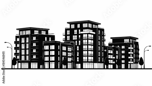 Modern Apartment Buildings Cityscape Black and White Illustration.