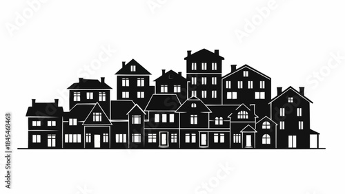 Silhouette of a charming row of diverse houses and buildings.