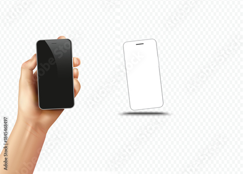 Hand holding the black smartphone Transparent of PNG image with blank screen and modern frameless design - isolated transparent background