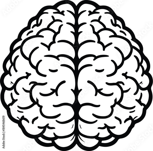 Stylized black and white brain icon doodle view from above for psychology intelligence learning science concepts