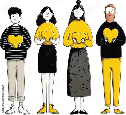 Diverse group of people holding yellow hearts illustration concept of love kindness charity and community support isolated on white background