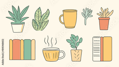 Cozy Home Office Decoration Elements Set Indoor Potted Plants Books and Steaming Coffee Mug Illustration Minimalist Pastel Color Palette for Study Corner Desk