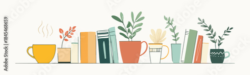 Cozy minimalist flat illustration of hot coffee in a yellow mug books and various potted houseplants with green leaves on a shelf for home decor or reading nook