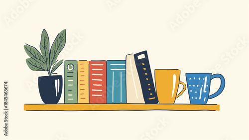 Cozy minimal illustration of potted plant colorful books and two coffee mugs on a shelf perfect for reading time home decor study space or relaxing break
