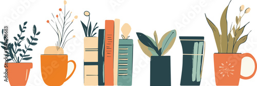 Minimalist flat illustration of potted plants interspersed with colorful books on a white background perfect for cozy reading nook decor home office botanical